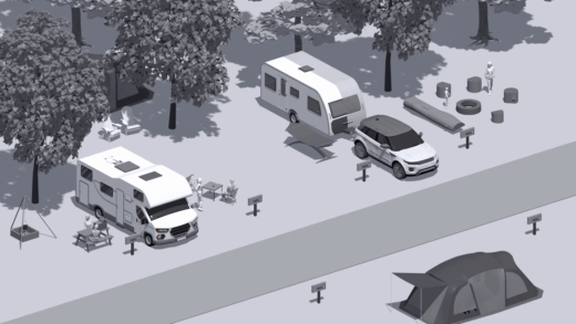 Grafische animatie van een caravan die achteruitrijdt met een achteruitrijcamera Grafische animatie van een caravan die achteruitrijdt met een achteruitrijcamera