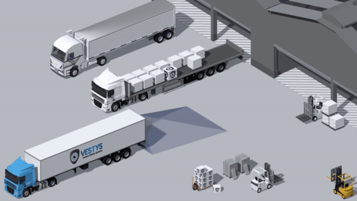 Grafische animatie van een vrachtwagen die achteruitrijdt met een achteruitrijcamera